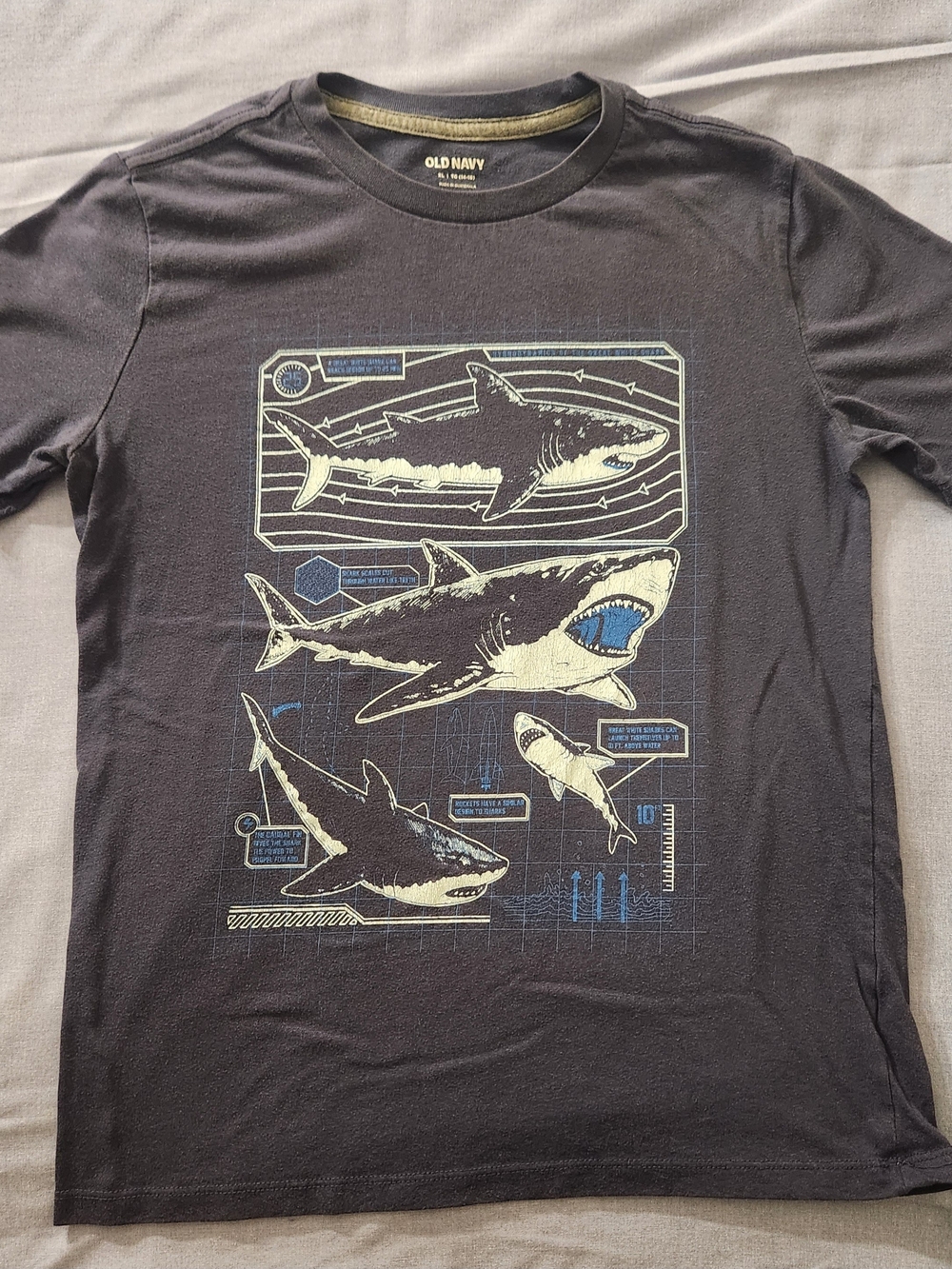 Old Navy Shark Graphic Tee - Dark Gray with Blue & Cream Print